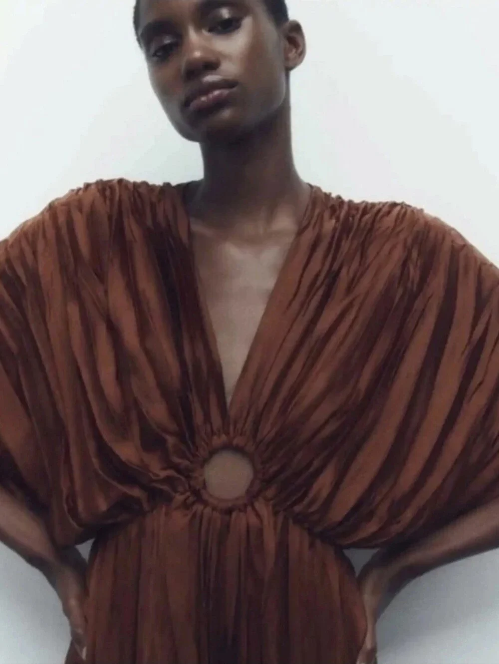 Zara - Rust Brown / Copper Pleated Wide-Leg Jumpsuit with Ring Detail